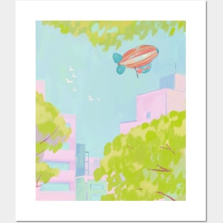 Hot air balloons flying over the town Posters and Art